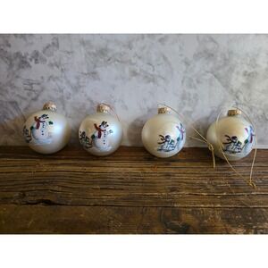 Vintage Snowman Family Glass Ball Christmas Ornaments Set of 4 Cream Glitter
